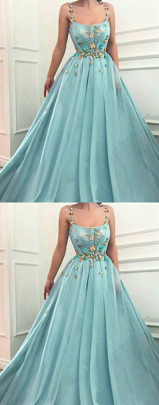 Green Tulle Long Prom Dresses,A Line Elegant Quinceanera Dresses,Spaghetti Straps Satin Prom Dresses,Prom Dresses   cg19886