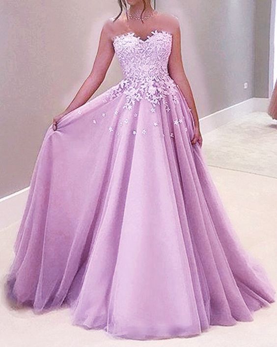 Elegant lilac tulle prom dresses sweetheart lace appliques sweetheart princess ball gown for teens cg19889