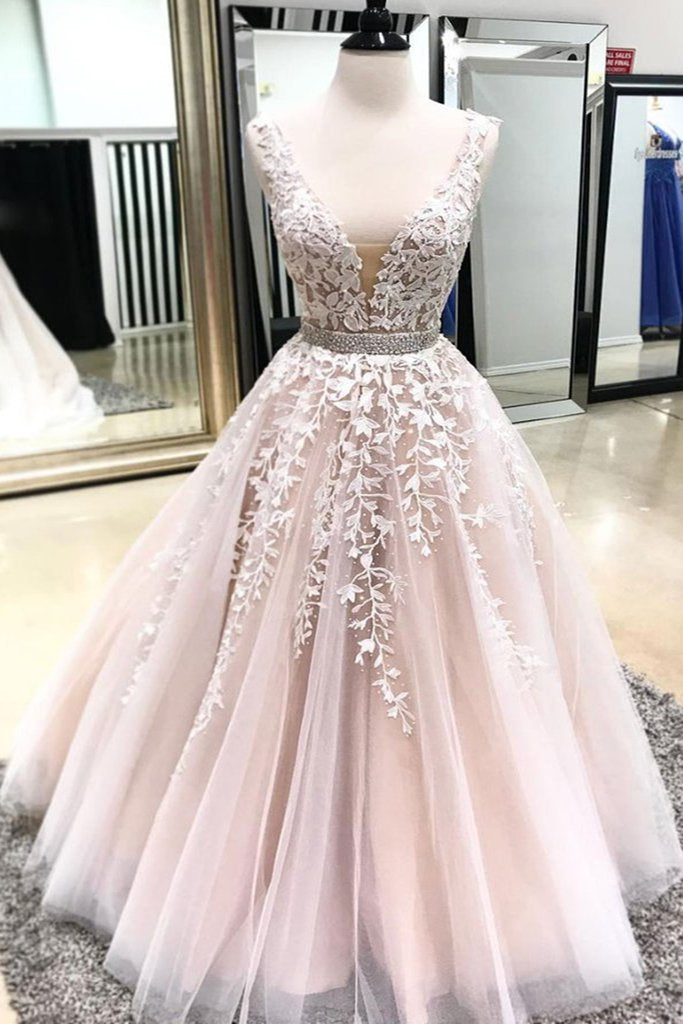 Blush Pink V Neck Open Back Long Beaded Formal Prom Dress With Applique cg19894