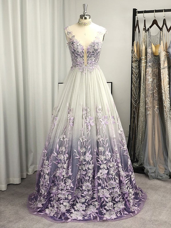 A-Line/Princess V-neck Tulle Applique Sleeveless Floor-Length prom dress cg19899
