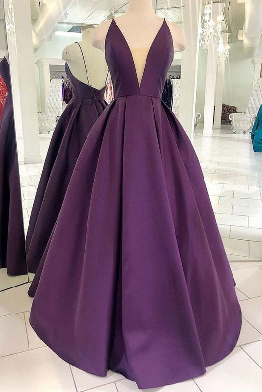 Lila Satin langes Ballkleid, schlichtes lila Abendkleid cg1992