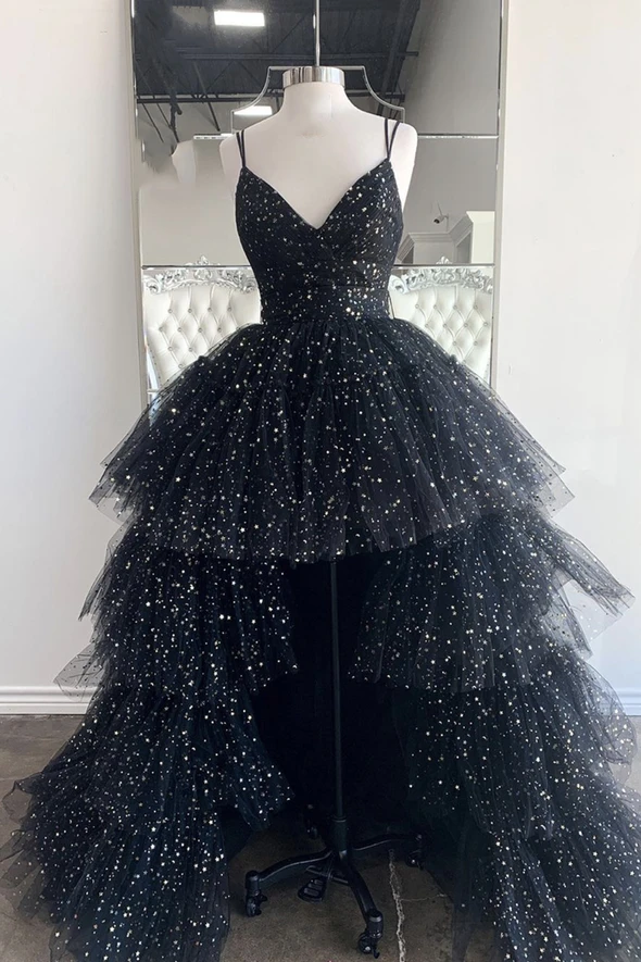Black v neck tulle long prom dress high low evening dress cg19922