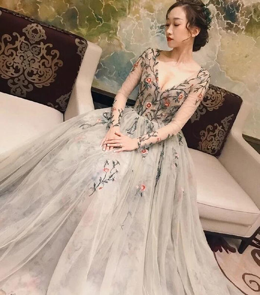 Grey Tulle Long Sleeve Prom Dresses V-Neck A-Line, Embroidery Prom Dress Long Evening Dress   cg19923