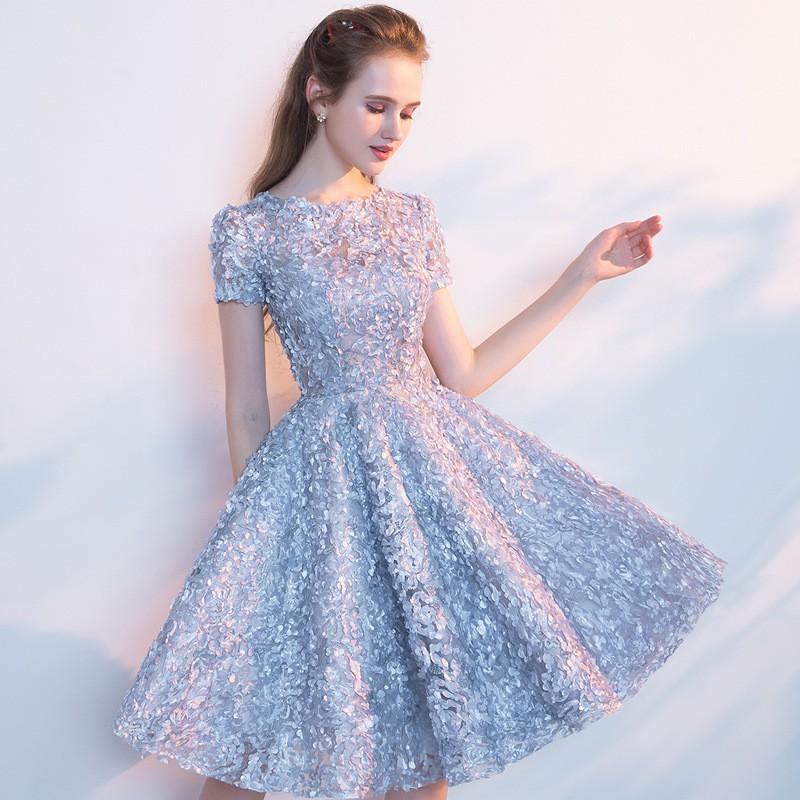 Sliver Grey Floral Lace Homecoming Dress cg19925