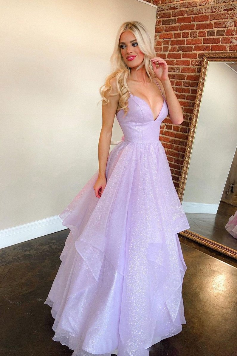 Purple v neck tulle long prom dress purple formal dress cg19928