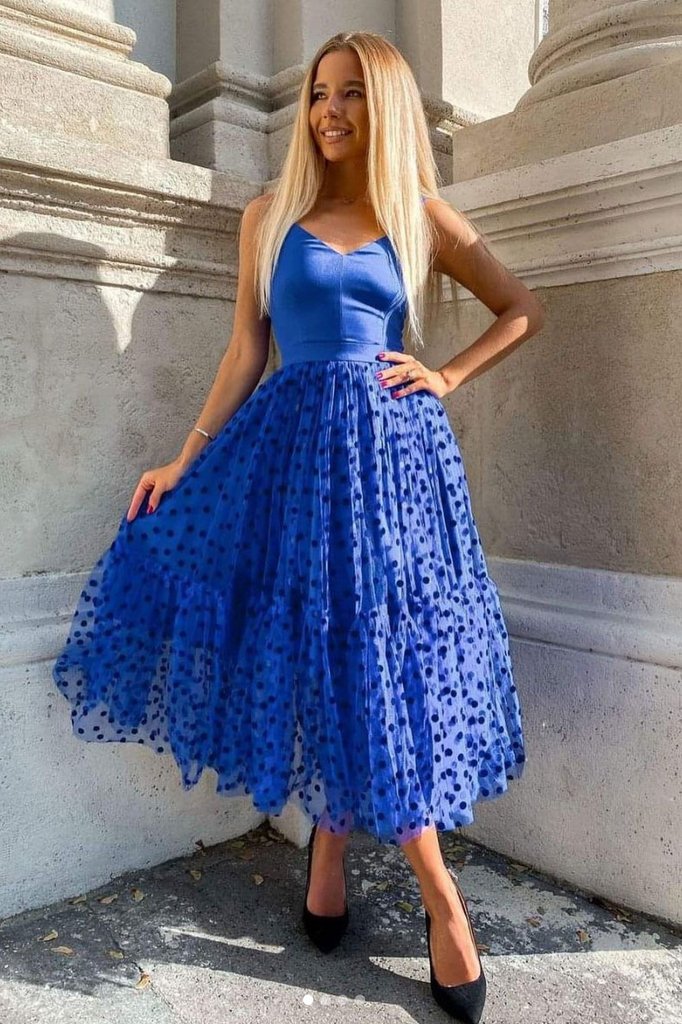 ROYAL BLUE V NECK TULLE SHORT PROM DRESS BLUE COCKTAIL DRESS cg19930