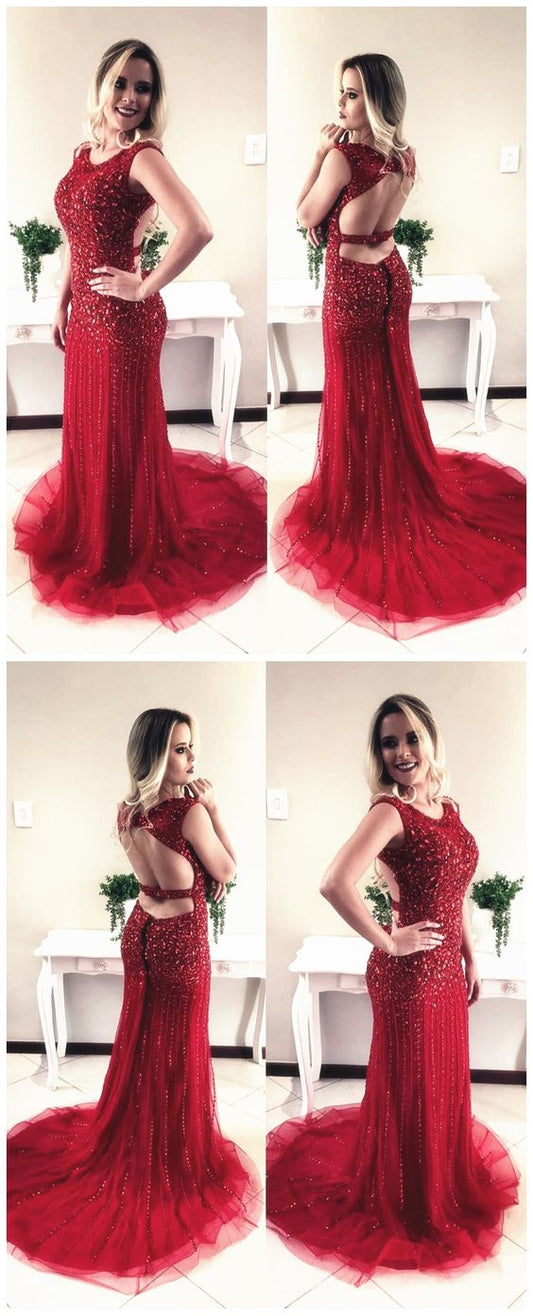 Bezauberndes rotes Ballkleid, Sexy Meerjungfrauen-Ballkleid mit Kristallperlen, langes Abendkleid, Formales Kleid cg19949