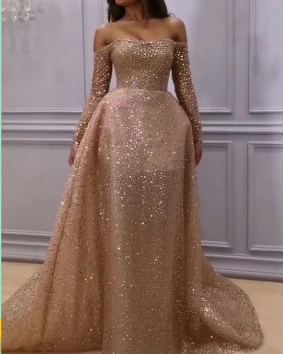 Sparkly mermaid long sleeves prom dresses glitter formal gown off the shoulder for special occasions cg19662