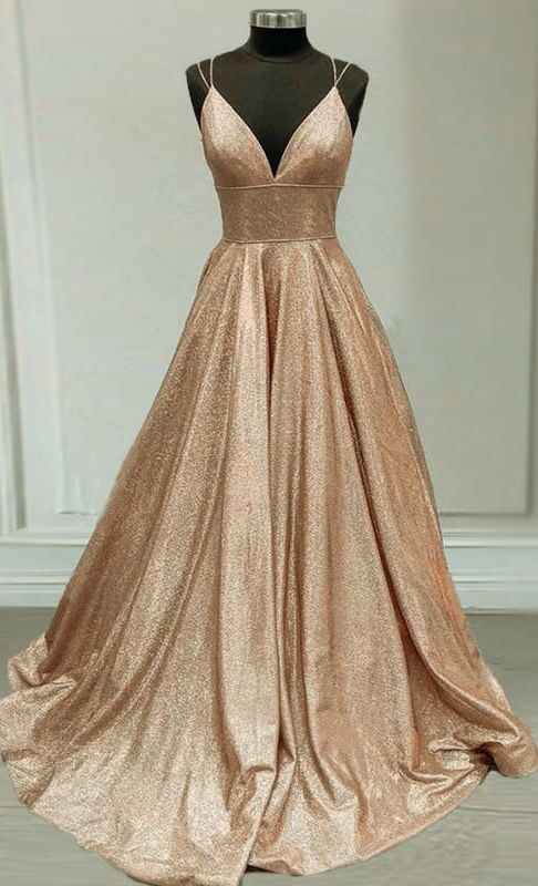 Funkelnde Ballkleider Champagner-Gold Ballkleid V-Ausschnitt mit mehreren Trägern cg19968