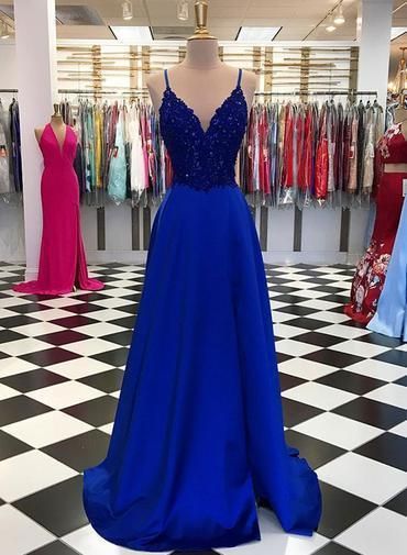 Sexy V-Ausschnitt Königsblau A-Linie Ballkleid, Spaghettiträger Abendkleid cg1997