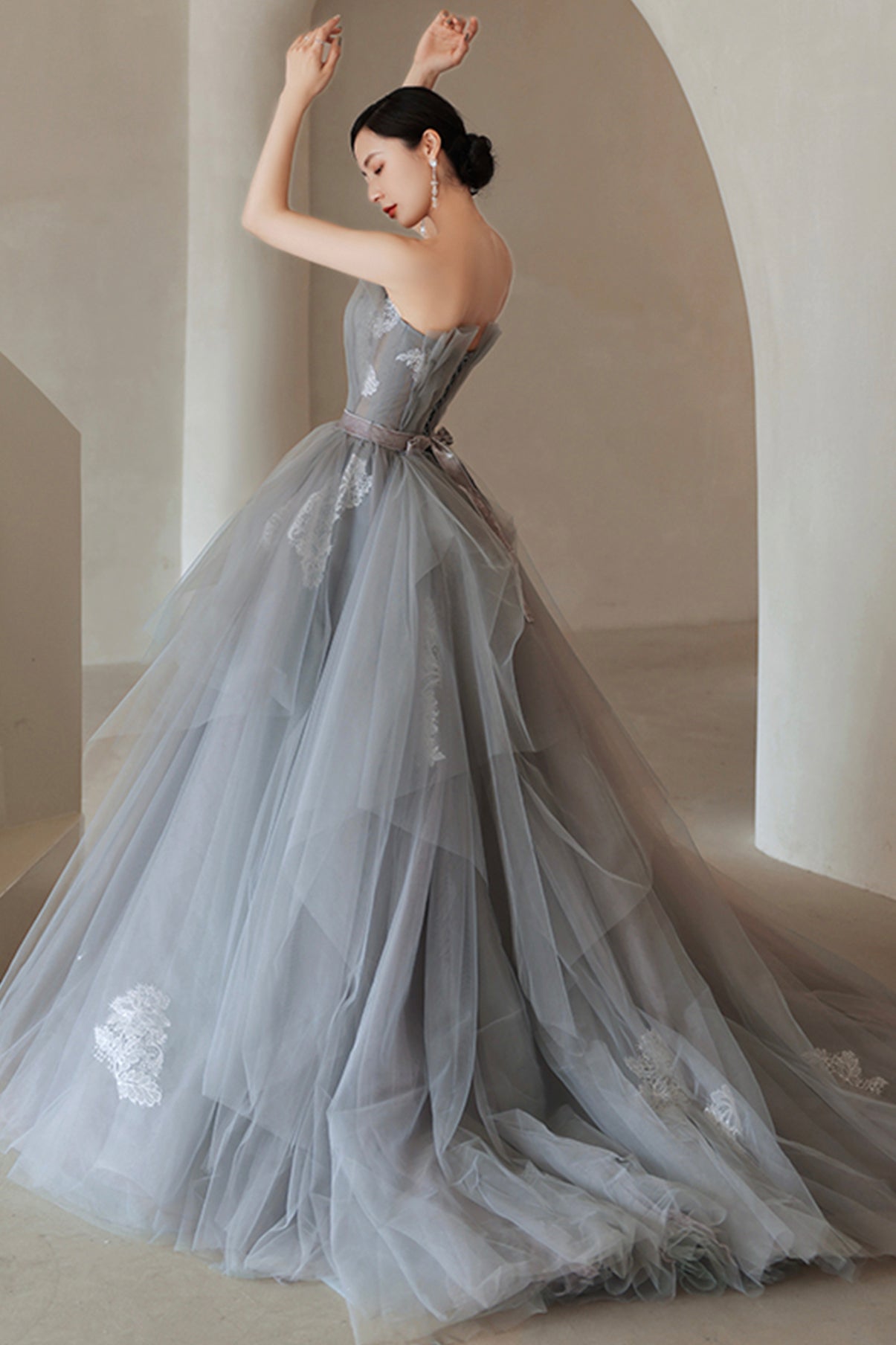 GRAY TULLE LACE LONG BALL GOWN PROM DRESS FORMAL DRESS cg19971