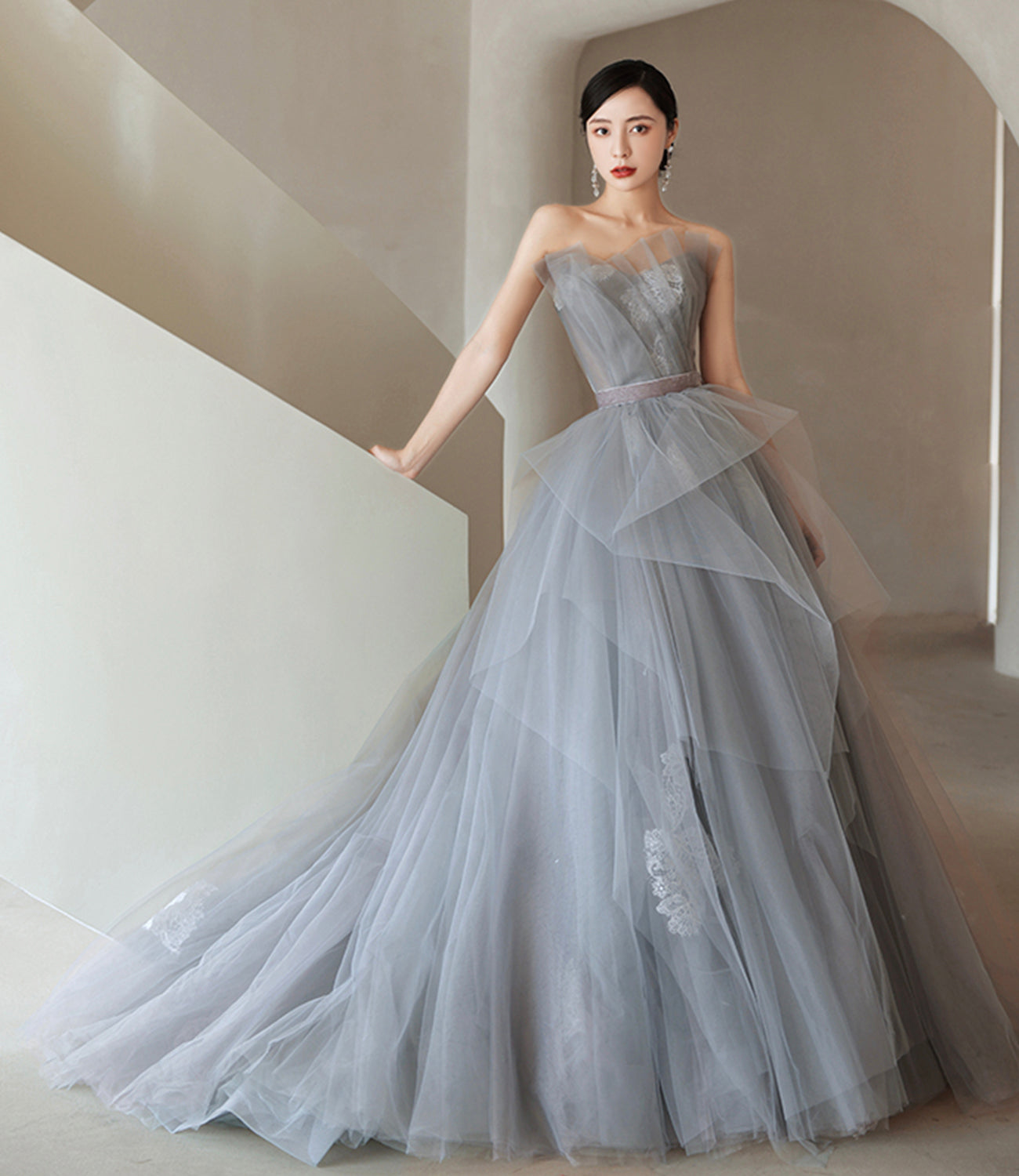 GRAY TULLE LACE LONG BALL GOWN PROM DRESS FORMAL DRESS cg19971