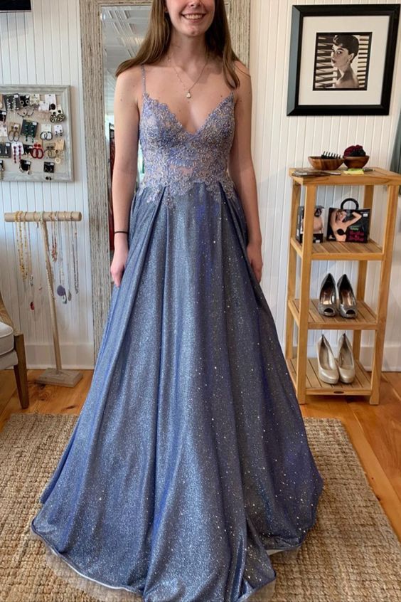 A-line navy blue shiny long formal dress prom dress with spaghetti straps and v neckline cg19974