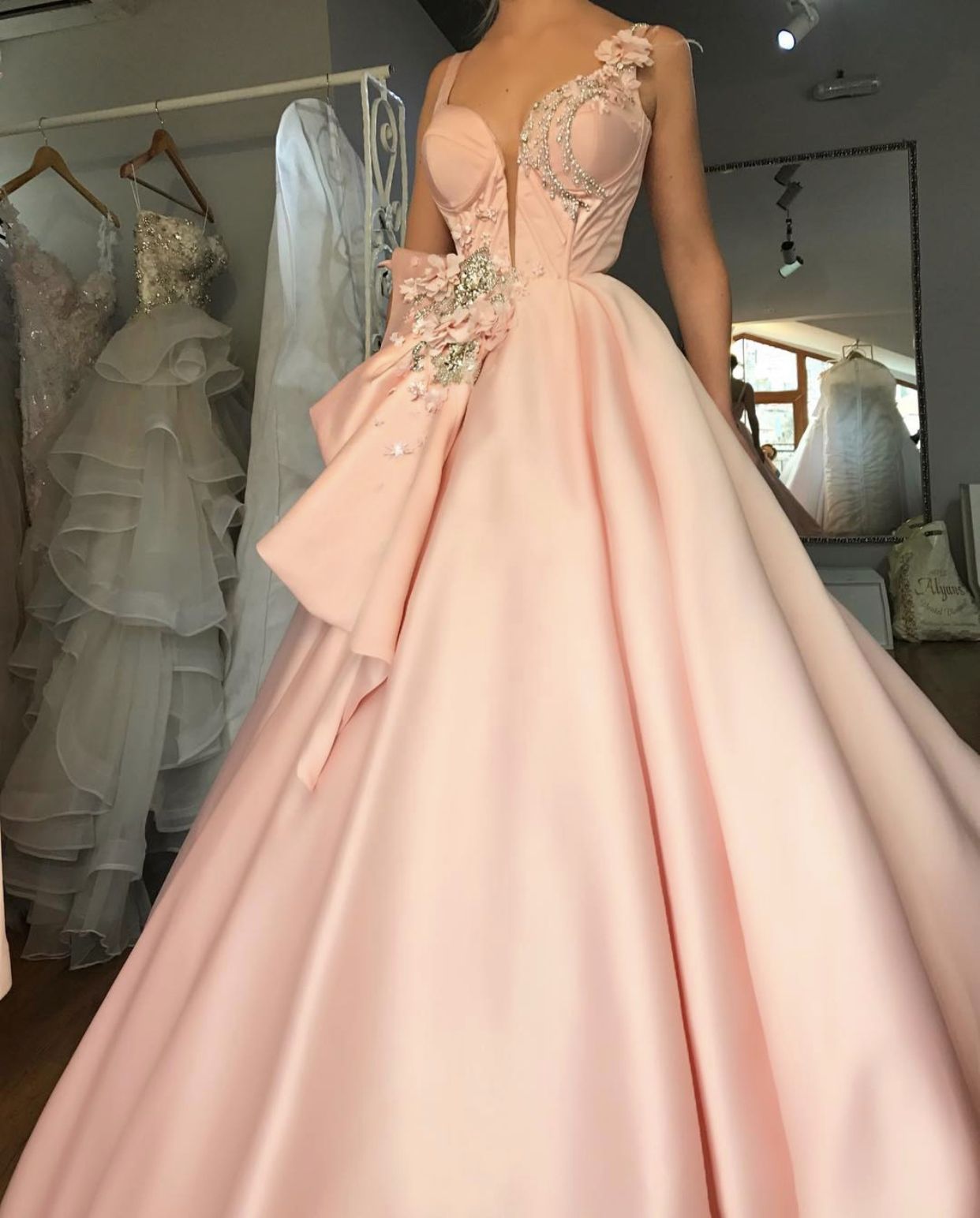 A-line pink satin long prom dress formal dress with v neckline cg19977