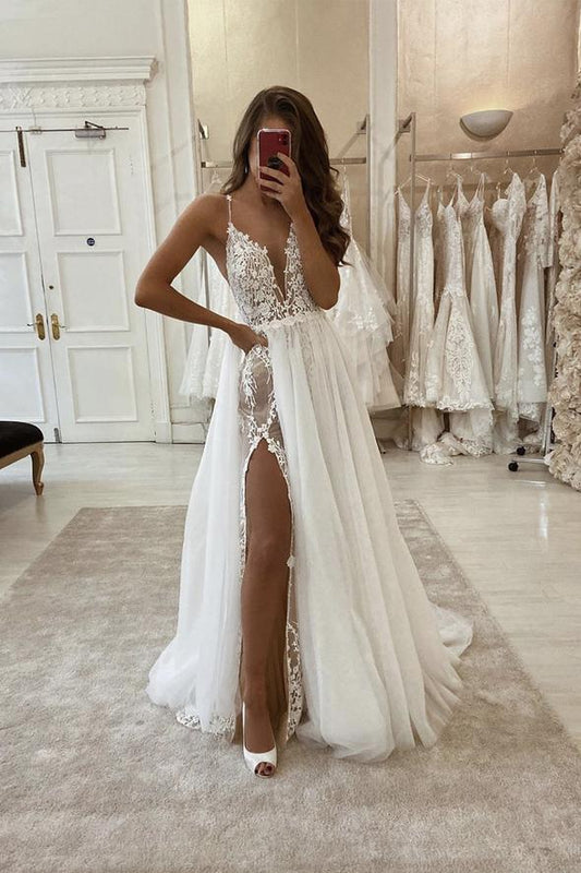 Weißes langes Ballkleid aus Spitze mit V-Ausschnitt, weißes Abendkleid cg19994