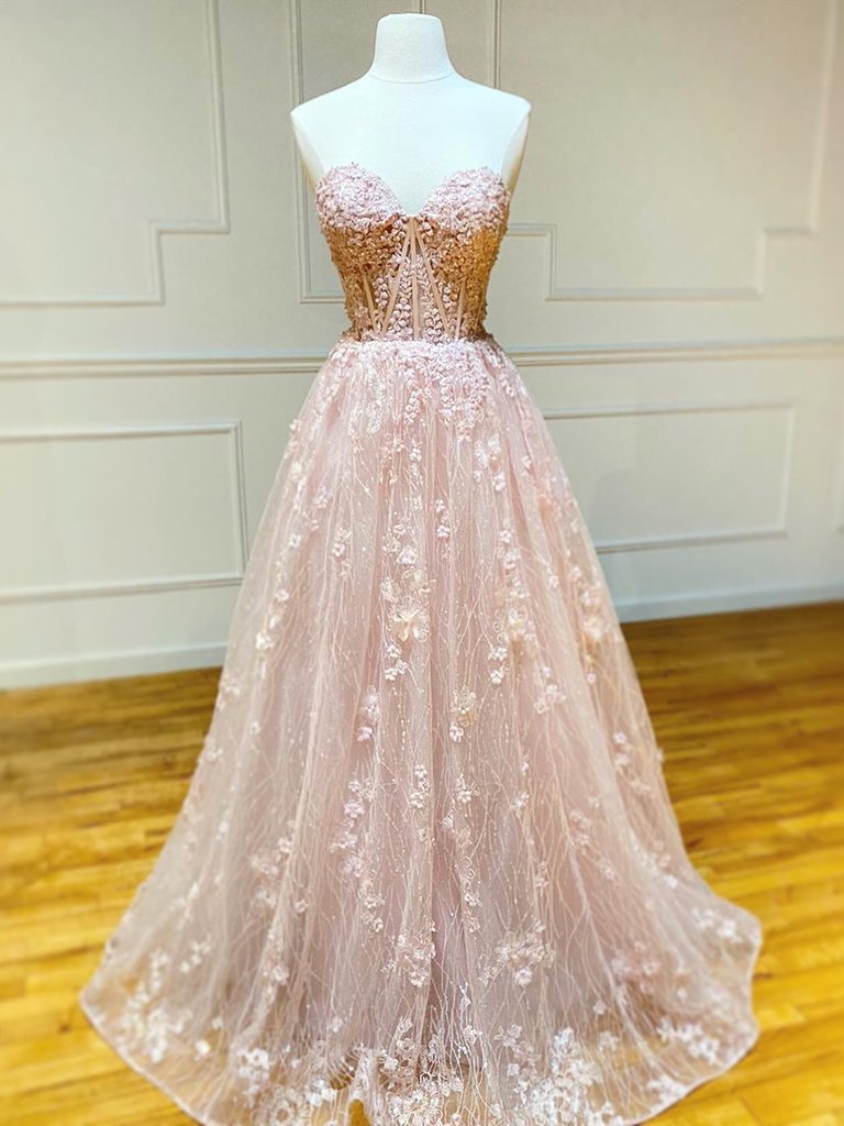 Sweetheart Neck Strapless Pink Floral Long Prom Dresses, Long Pink Flo classygown Sweetheart Neck Strapless Pink Floral Long Prom Dresses, Long Pink Flo classygown