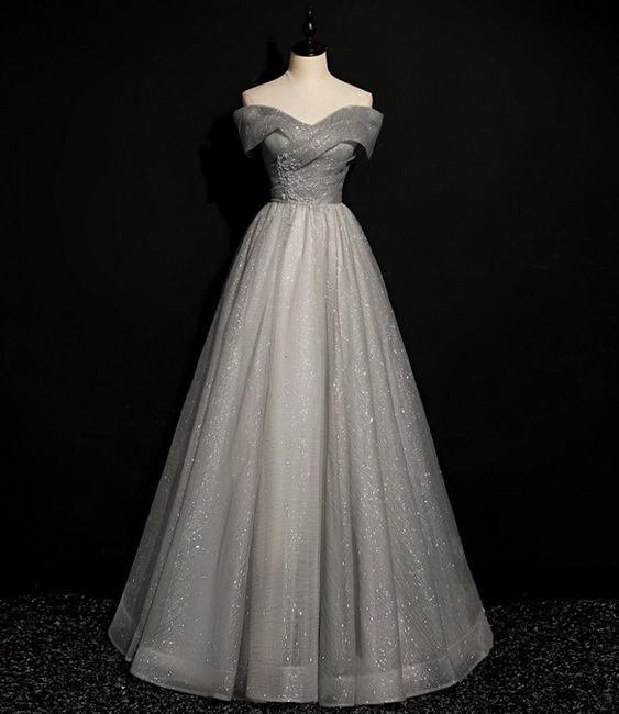 Grey tulle beads long prom dress off shoulder evening dress cg19998