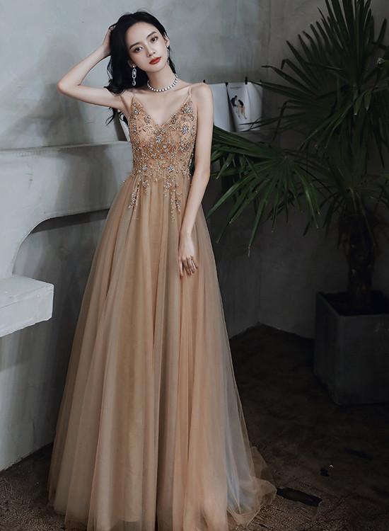 Champagne Beaded V-Neckline Spaghetti Strap Tulle Evening Gown, A-Line Prom Dress cg20003