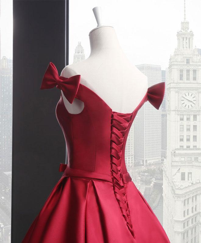 Beautiful Wine Red Satin Long Party Gown, Off Shoulder Prom Dress With Bow cg20006