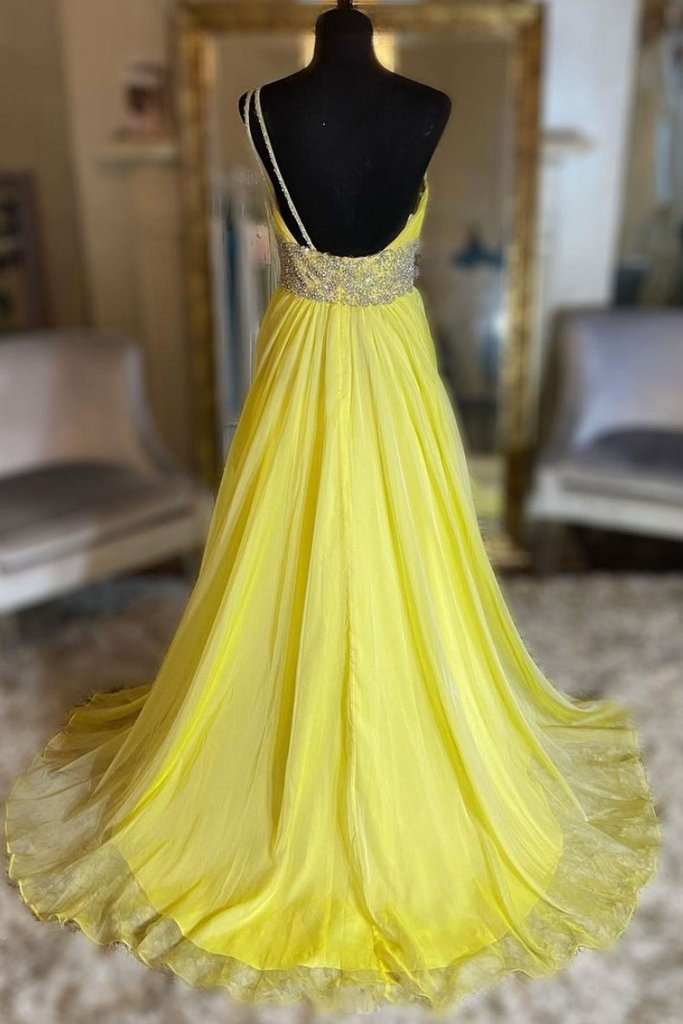 GELBES LANGES PROMKLEID AUS TÜLL MIT EINER SCHULTER GELBES ABENDKLEID cg20010