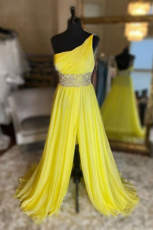 GELBES LANGES PROMKLEID AUS TÜLL MIT EINER SCHULTER GELBES ABENDKLEID cg20010