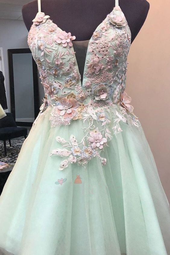 Mint Green Short Homecoming Dress with Flowers, Mini Tulle Graduation Dress with Pearls cg20030