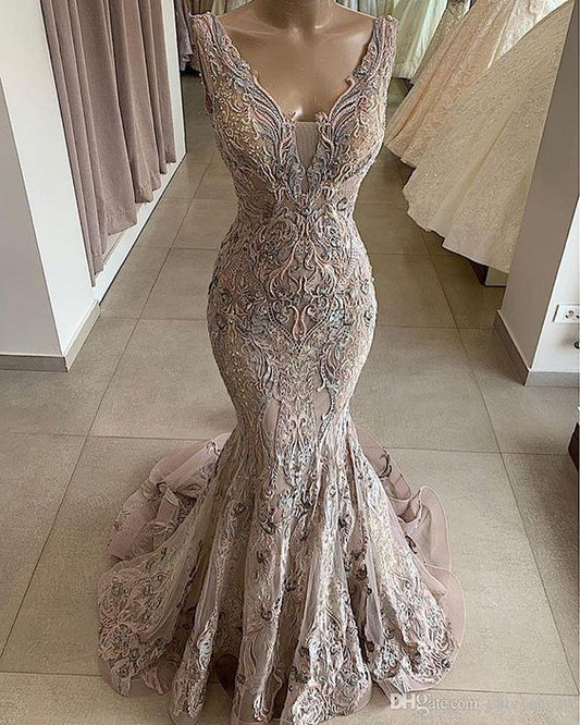 Spitze Perlen Sexy African Dubai Abendkleider Meerjungfrau Backless Prom Kleider Tiefem V-Ausschnitt Formale Party Brautjungfer Pageant Kleider cg20072