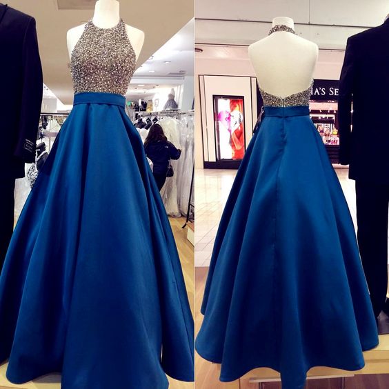 halter prom dress,beaded prom dress,royal blue evening dress,ball gowns prom dresses cg20076