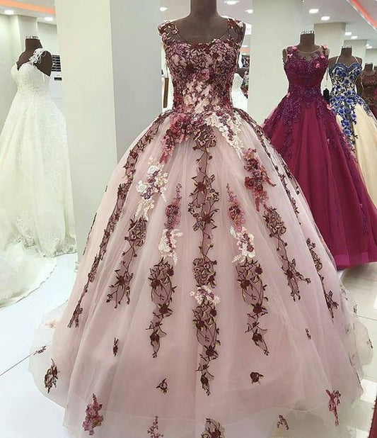 A-Linie langes Tüll-Ballkleid mit Applikationen cg20082