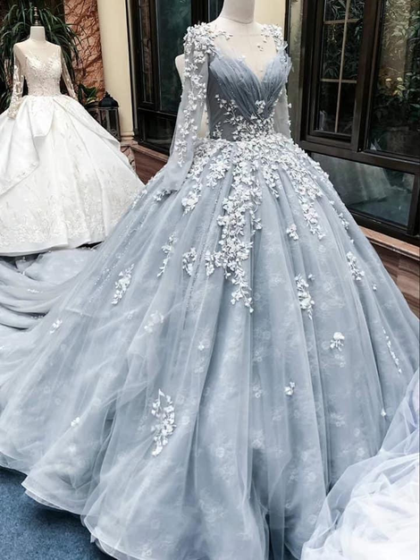 Romantic light grey long sleeves floral lace applique ball gown prom dress with court train cg20084