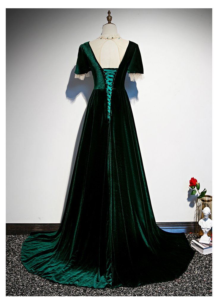 Dunkelgrünes Samtkleid mit kurzen Ärmeln in A-Linie, langes Ballkleid, Abendkleid cg20089