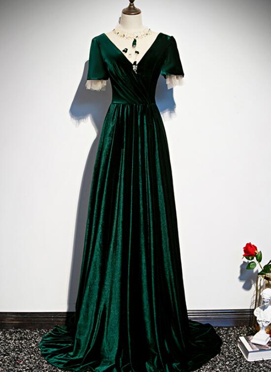 Dunkelgrünes Samtkleid mit kurzen Ärmeln in A-Linie, langes Ballkleid, Abendkleid cg20089