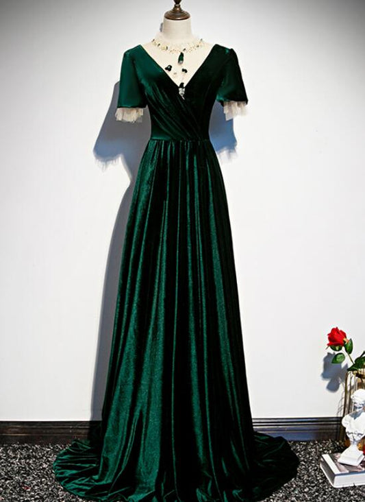 Dunkelgrünes Samtkleid mit kurzen Ärmeln in A-Linie, langes Ballkleid, Abendkleid cg20089