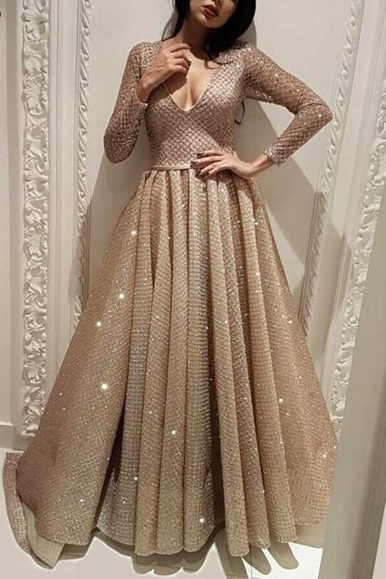 Long Sleeve A Line V Neck Gold Sequins Long Floor Length Prom Dresses cg20109