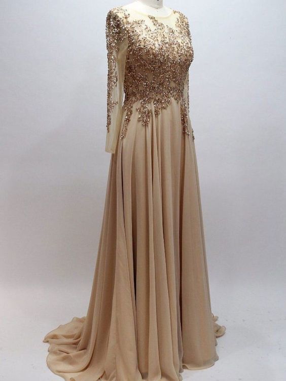A-line Scoop neck Chiffon with Beaded Long Sleeves Prom Dresses cg20112