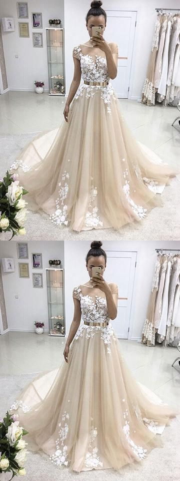 A-line prom dresses,Champagne Bateau Applique Floor Length Tulle Evening Dress Prom Dresses cg20116