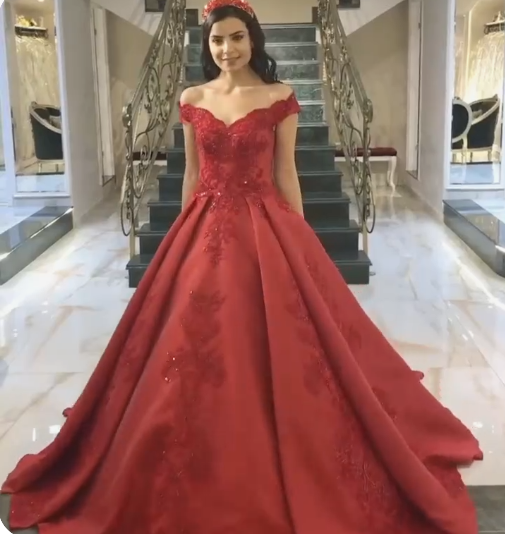 Elegantes rotes Ballkleid Satin Brautkleider Spitze von der Schulter Ballkleid cg20122
