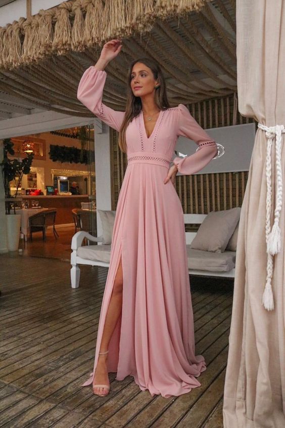 V Neck Long Sleeves Pink Holiday Dress with Appliques, Split Evening Party Dress Prom Dresses cg20129