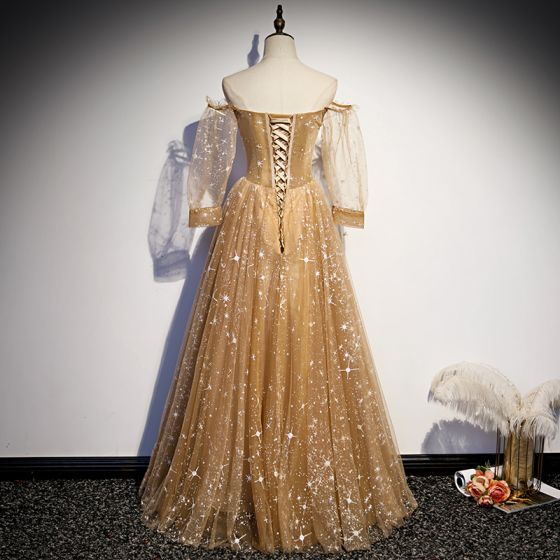 princess off the shoulder gold prom dress with long sleeve cg20139