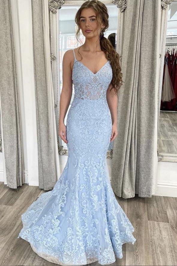 Blue lace long prom dress mermaid evening dress cg20143