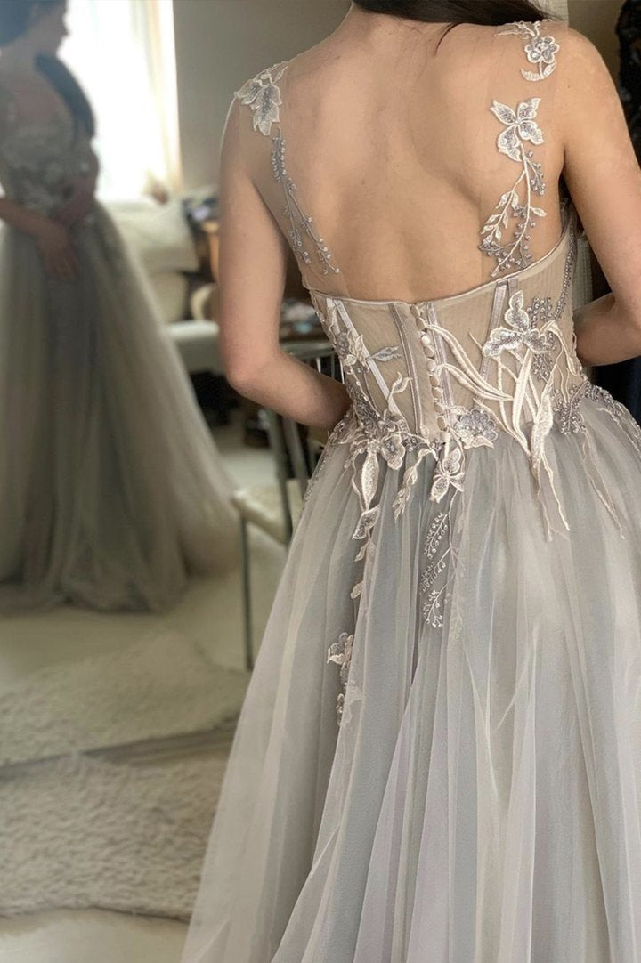 Gray tulle lace long A line prom dress evening dress cg20144