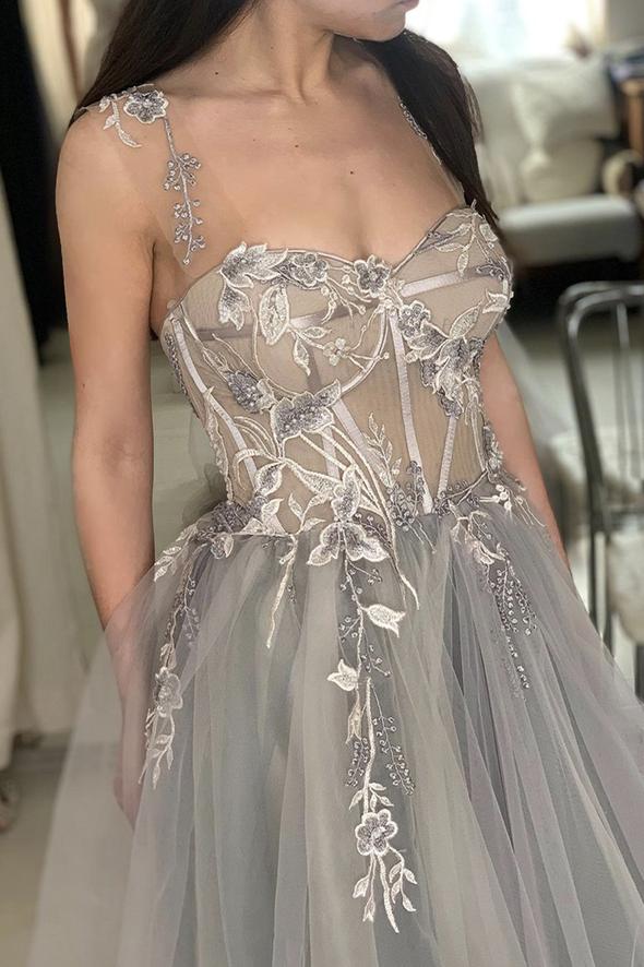 Gray tulle lace long A line prom dress evening dress cg20144