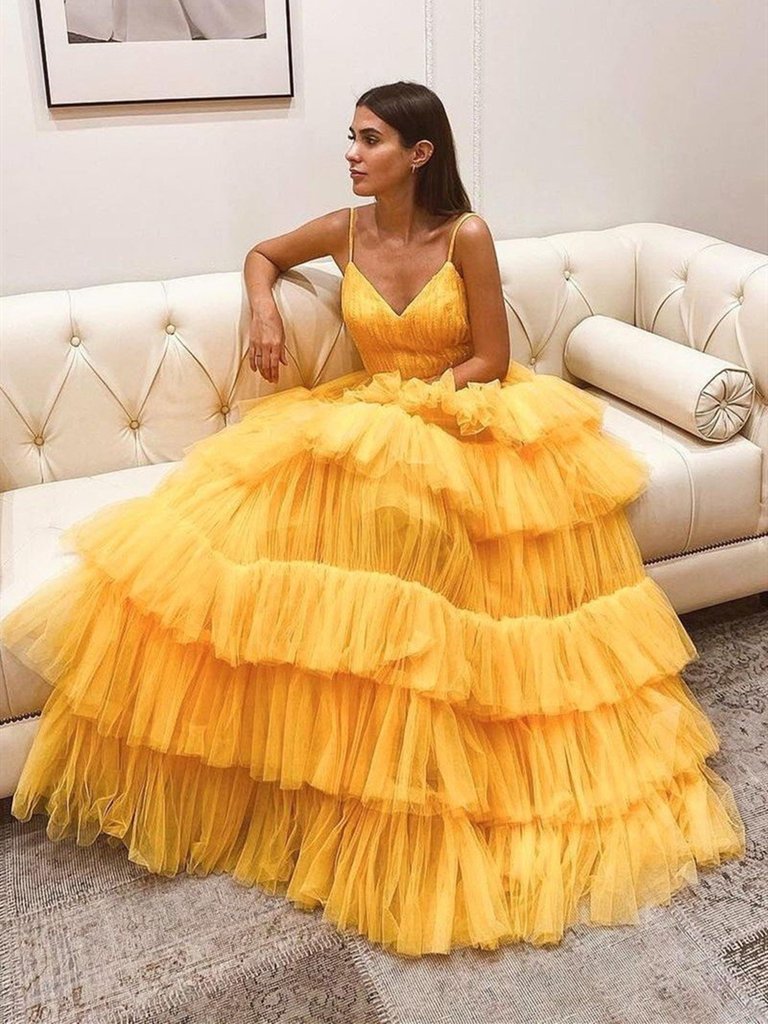 V Neck Backless Yellow Tulle Layered Long Prom Dresses, Layered Yellow Formal Evening Dresses cg20145