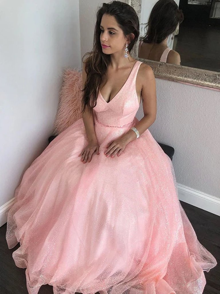 Shiny V Neck Pink Sequin Long Prom Dresses, Sparkly Pink Formal Evening Dresses cg20146