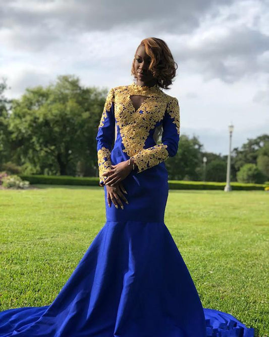 Sexy Afrikanische Meerjungfrau Ballkleider Königsblau mit Goldapplikationen cg20165