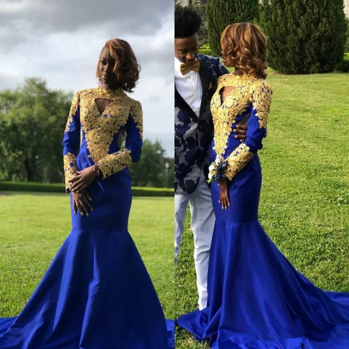 Sexy Afrikanische Meerjungfrau Ballkleider Königsblau mit Goldapplikationen cg20165