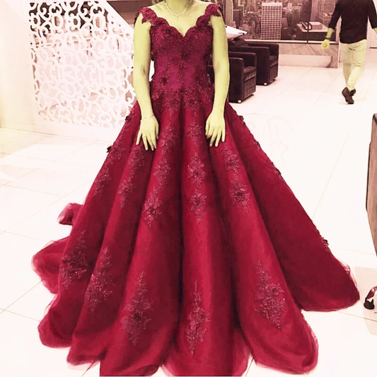 Ballkleid Ballkleider Elegante Spitzenträger V-Ausschnitt Tüll Burgund Brautkleider Ballkleider cg20167