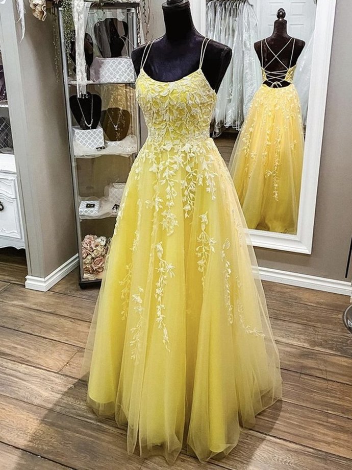 Princess spaghetti straps lace appliques yellow 2 pieces evening gown Prom Dress cg20172