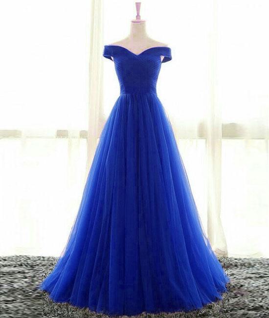 Royal Blue Sweetheart Tulle Long Evening Dresses, Royal Blue Off Shoulder Prom Dresses cg20179
