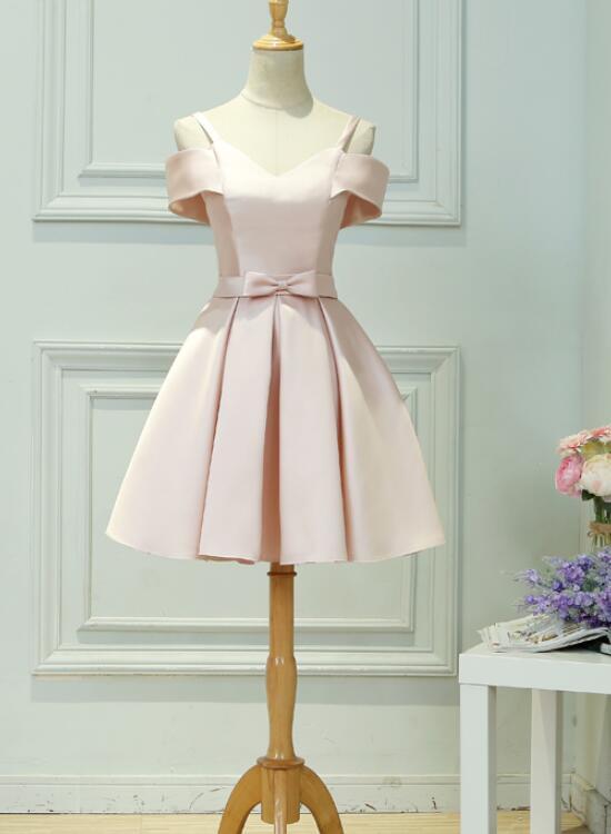Light Pink Satin Knee Length Off Shoulder Party Dress, Short Pink Homecoming Dress cg20184